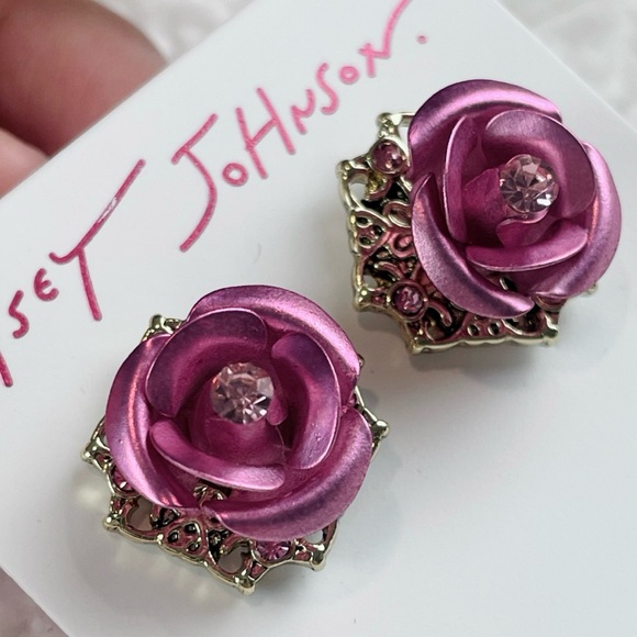 (NWT) BETSEY JOHNSON • Pink/Gold Rose Rhinestone Stud Earrings - Picture 6 of 9